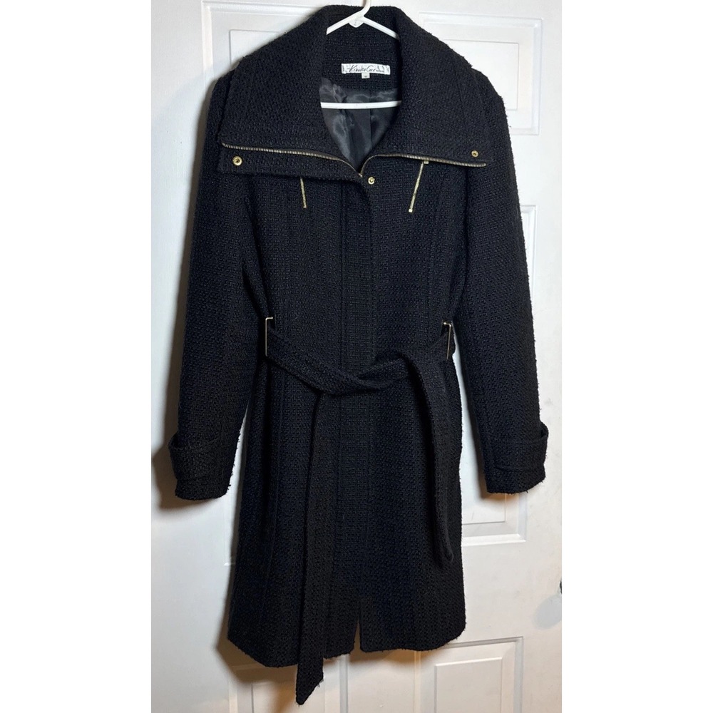 Kenneth Cole New York Women's Belted Wool Blend Coat Black Size 16 Zip Collar